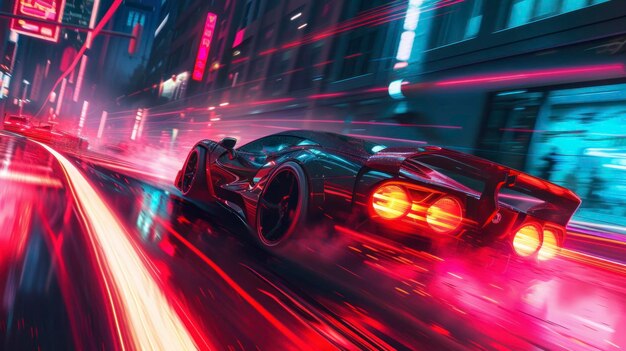 Photo voiture de course dans un jeu vidéo 3d avec des lumières au néon et de la vitesse