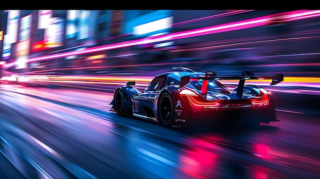 Photo une voiture de course élégante traverse une ville animée la nuit.