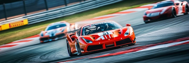 Photo une voiture de course ferrari rouge accélère autour d'un coin sur une piste de course avec une autre voiture derrière