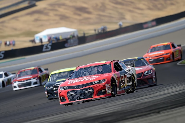 Photo voiture de course nascar en mouvement sur la piste à sonoma en californie véhicule rouge accélère vers la gauche noir