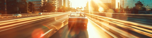 Photo une voiture roulant sur une autoroute avec le soleil brillant sur le dos