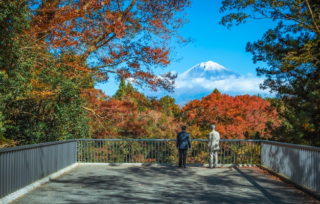 Photo voyageur à la recherche du mont fuji et d&#39;une feuille d&#39;automne colorée aux chutes shiraito à fujinomiya, shizuoka, japon.