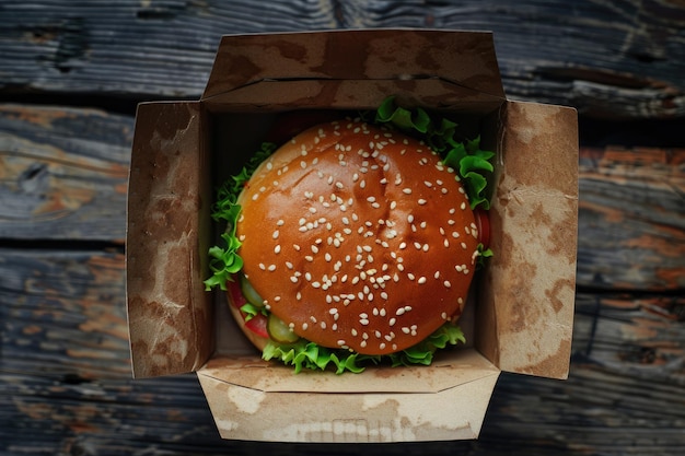 Photo une vue aérienne du hamburger dans l'emballage sur le fond en bois