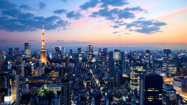 Photo une vue panoramique de l'horizon de tokyo au crépuscule avec la tour de tokyo visible au centre de l'image