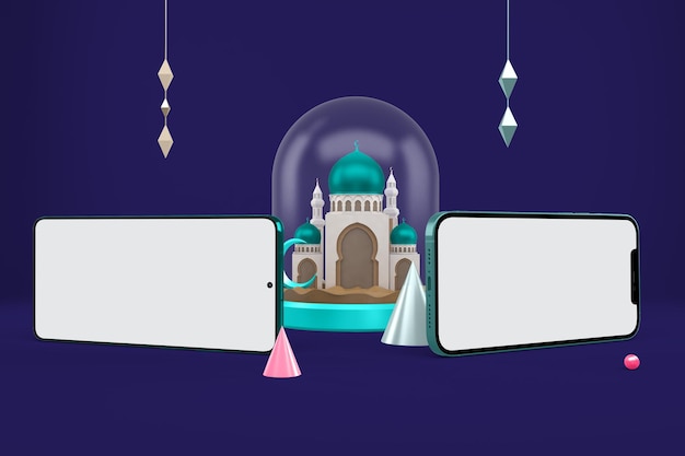 Vue en perspective horizontale des téléphones intelligents avec fond sur le thème du Ramadan