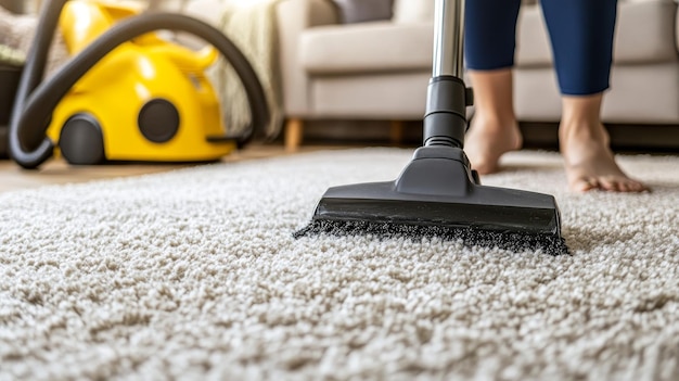 Photo une vue rapprochée d'un aspirateur utilisé pour nettoyer un tapis l'image symbolise la propreté