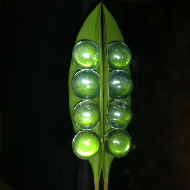 Photo vue rapprochée de boules de marbre sur des feuilles sur fond noir