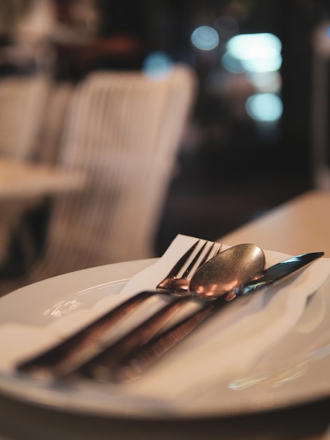 Photo vue rapprochée de la fourchette dans l'assiette sur la table