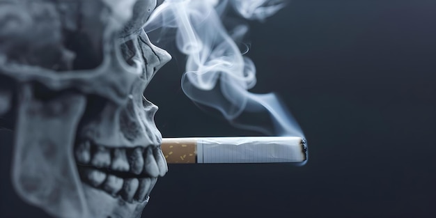 Photo vue rapprochée de la fumée de cigarette se dissipant dans le crâne avertissement des dangers du tabagisme concept risques pour la santé conscience sur le tabagisme symbolisme du crâne fume de cigarette photographie en gros plan