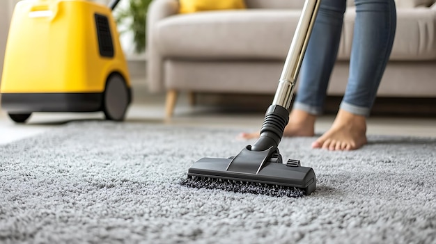 Photo vue rapprochée d'un tapis à aspirateur avec un aspirateur moderne