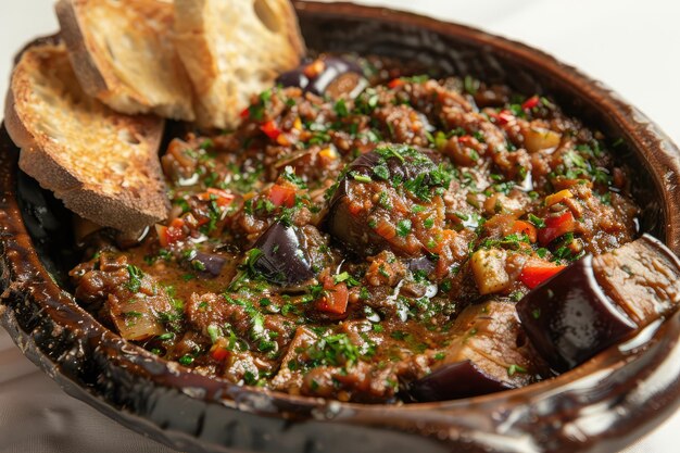 Zaalouk Dip d'aubergine marocaine servi avec des morceaux d'aobergine bouillis au pain