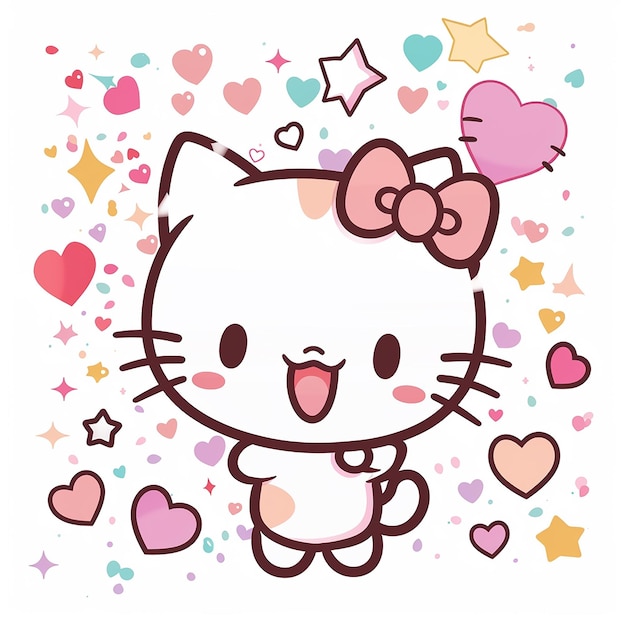 Photo 16h cute cartoon drawing of hello kitty on a white background colorful with simple lines in a flat