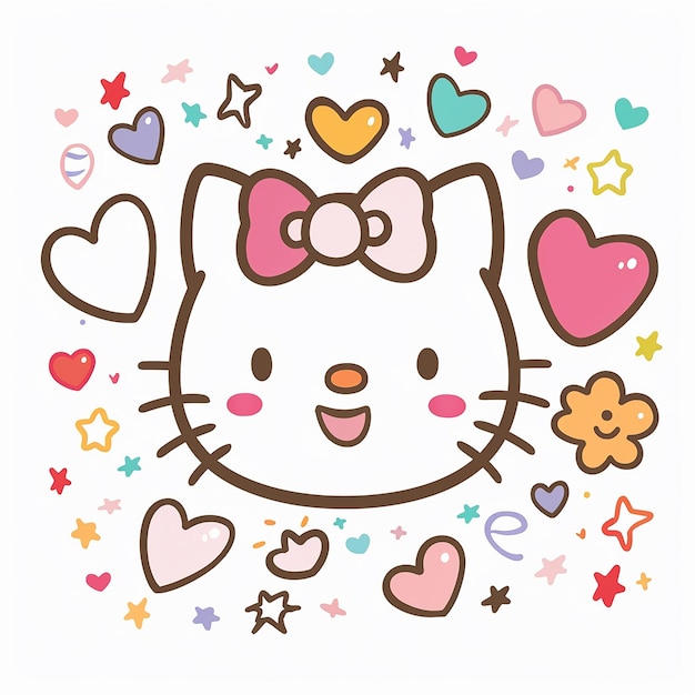 Photo 16h cute cartoon drawing of hello kitty on a white background colorful with simple lines in a flat