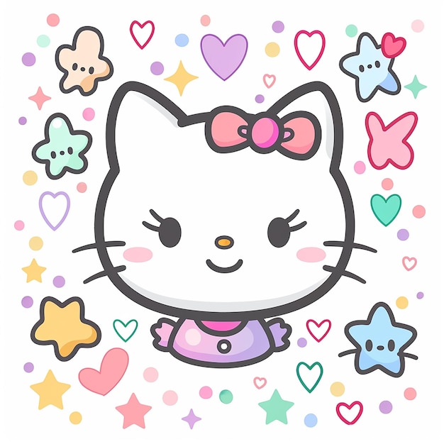 Photo 16h cute cartoon drawing of hello kitty on a white background colorful with simple lines in a flat