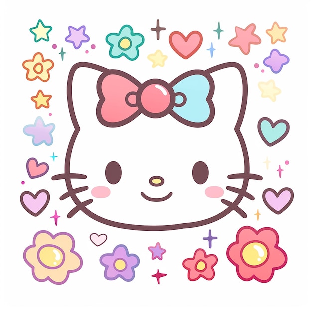 Photo 16h cute cartoon drawing of hello kitty on a white background colorful with simple lines in a flat