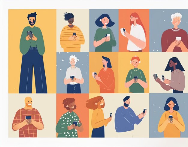 Photo 1960s retro pop art illustration of diverse people using smartphones for social media