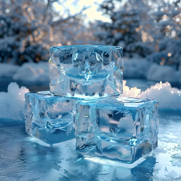 Photo 2 stacks mockup of blue ice podium crystal clear front view focus amidst a snowy winter