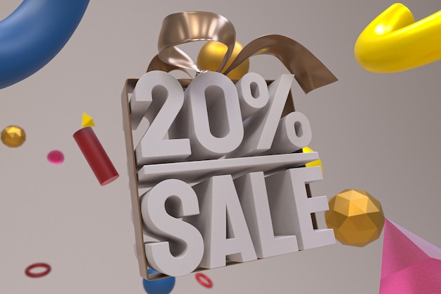 20% sale with bow and ribbon 3d design on abstract geometry background