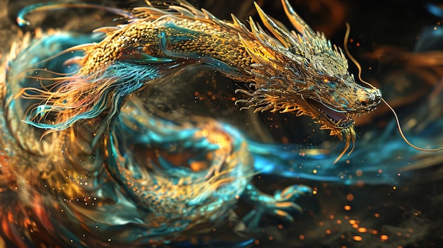 2024 Blue gold 3d Cyberpunk science fiction style Chinese dragon material concept illustration