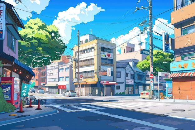 Photo 2d city street scene with illustrative anime style