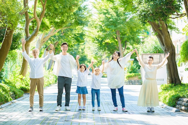 Photo 3 generation family holding hands in greenly street