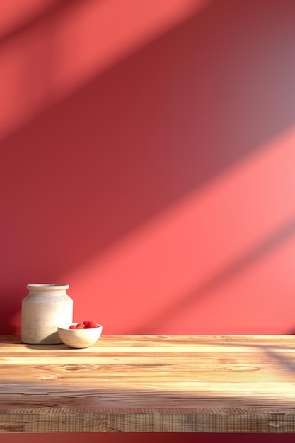 Photo 3d animation of empty kitchen countertop wall corner with red background closeup front view in valen