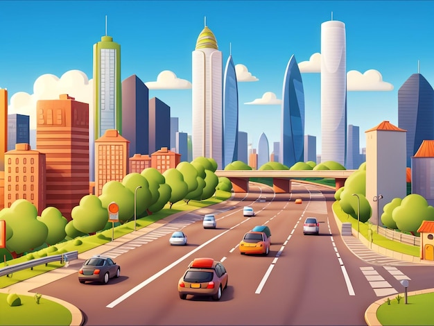 3D Animation Style Free vector City scene with landscape car and building background