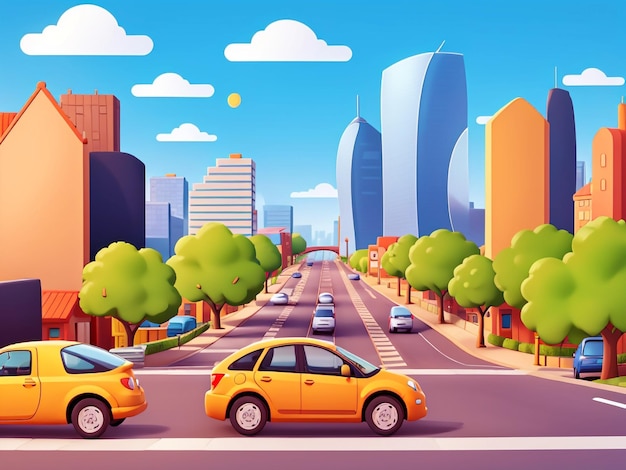 3D Animation Style Free vector City scene with landscape car and building background