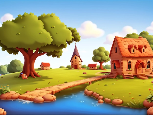 3D Animation Style Free vector village scene with landscape natural background