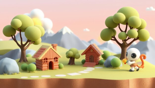 Photo 3d cartoon landscape with houses trees and a character