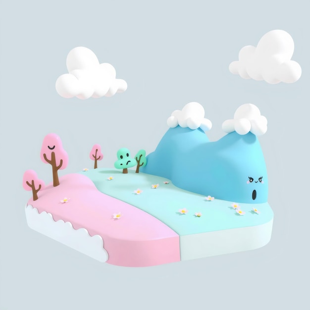 Photo 3d cartoon landscape with pink and blue hills and trees