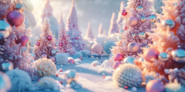 Photo 3d christmas scene with snowcovered trees and playful snowballs in a winter wonderland