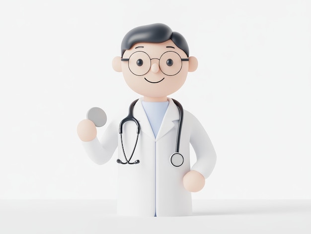 Photo a 3d clipart of a cheerful doctor holding a stethoscope in a bright and clean setting white backgrou