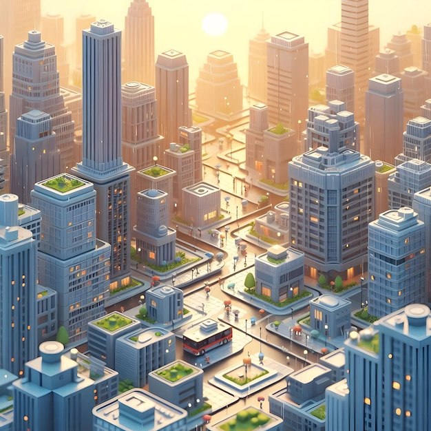 3D cute style of bustling city streets urban hiking in the early morning light weaving through the