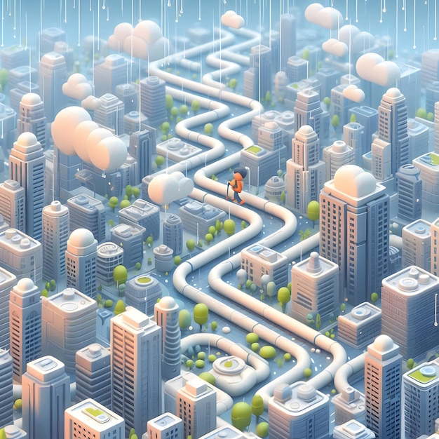 3D cute style of bustling city streets urban hiking in the early morning light weaving through the