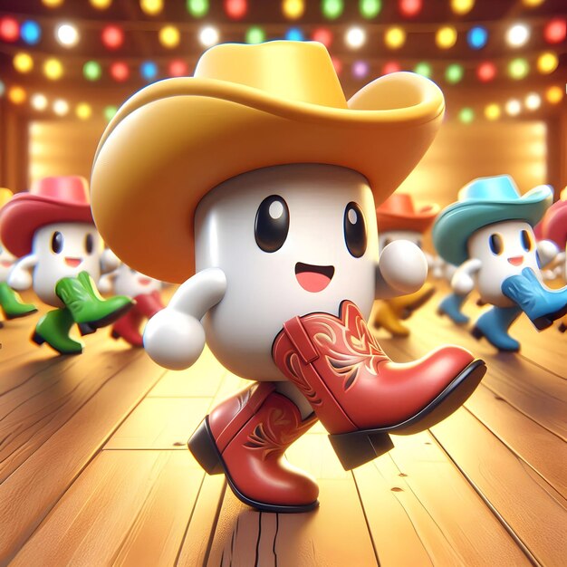 Photo 3d cute style of colorful cowboy boots tapping rhythmically on a polished wooden floor inside a live