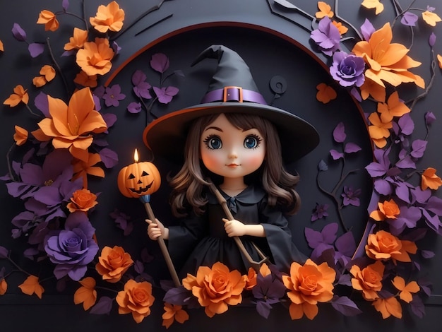 3d cute witch wall floral halloween background