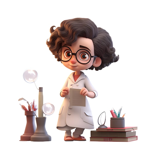 Photo 3d digital render of a little girl scientist isolated on white background