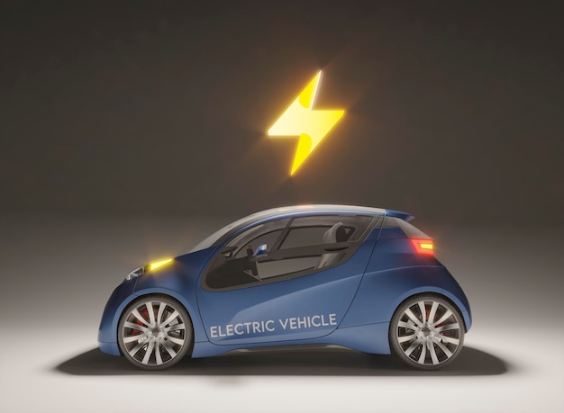 3d electric car model with charged battery symbol