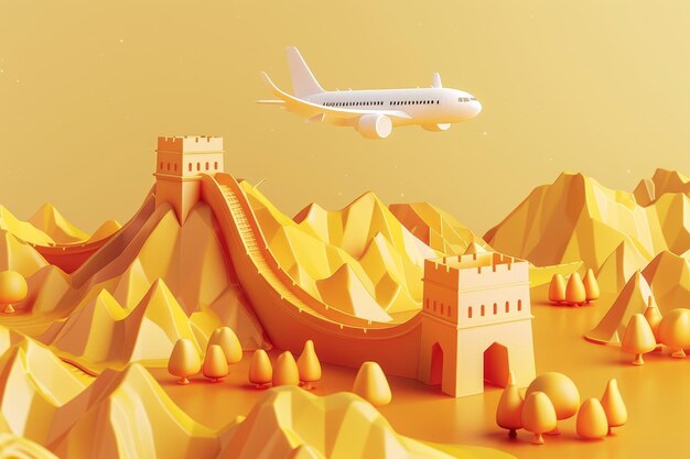 Photo 3d illustration of an airplane flying over great wall of china