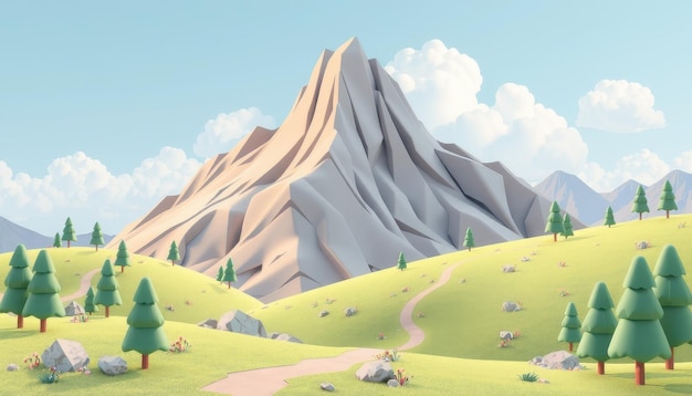 Photo 3d illustration of a cartoon mountain landscape with a sunset