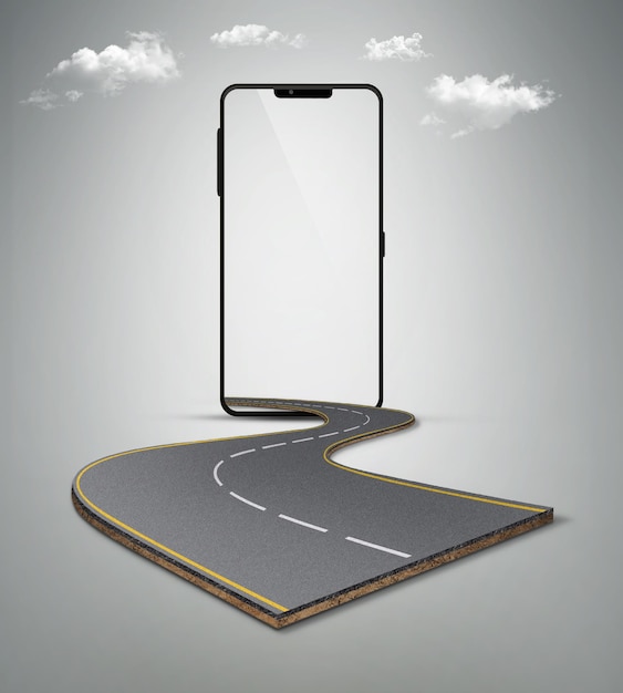 Photo 3d illustration of curve road coming out of smartphone. realistic highway design isolated with phone