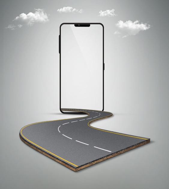 3d illustration of curve road coming out of smartphone. realistic highway design isolated with phone