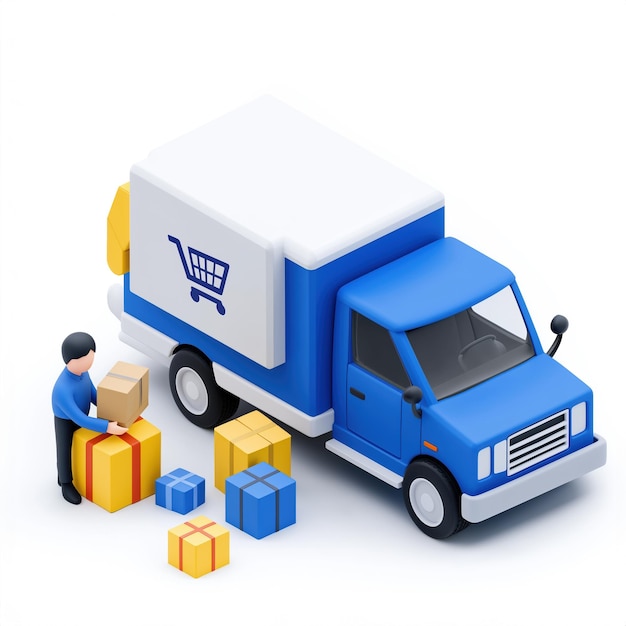 Photo 3d illustration of delivery truck with worker loading packages concept of online shopping ecommerce