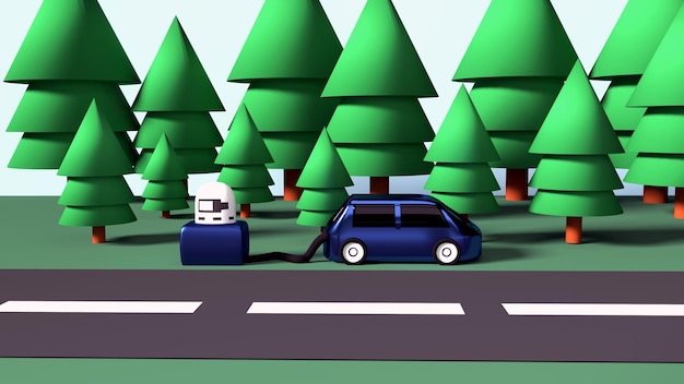 Photo 3d illustration of an electric car stopping charging on the side of the highway