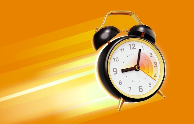 3d illustration of flying retro alarm clock with lightning trail