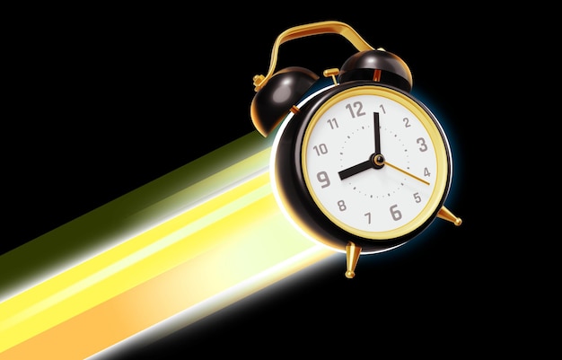 3d illustration of flying retro alarm clock with lightning trail