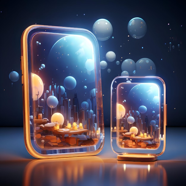 3d illustration of glass cubes with planet and stars in space