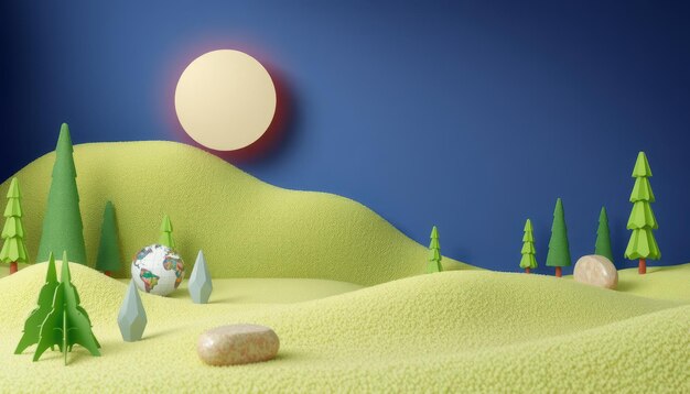 Photo 3d illustration of green hills with trees