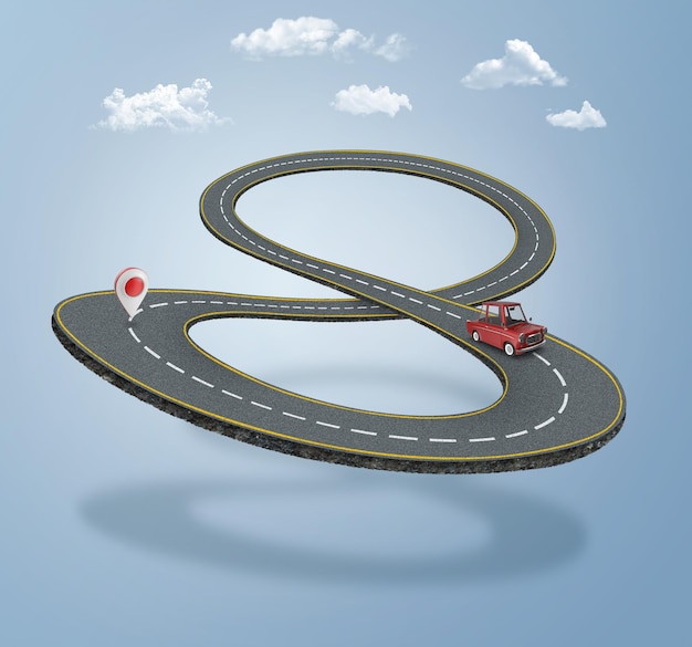 3d illustration of infinity symbol road with car and location icon on it. endless highway design